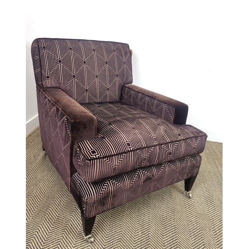 372 - WILLIAM YEOWARD ARMCHAIR, with striped geometric design brown velvet upholstery, 87cm H x 77cm W x 1... 