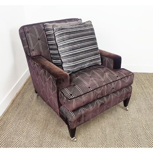 372 - WILLIAM YEOWARD ARMCHAIR, with striped geometric design brown velvet upholstery, 87cm H x 77cm W x 1... 