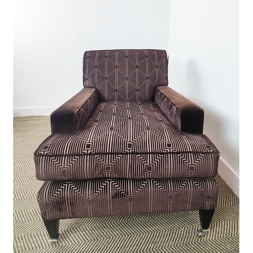 372 - WILLIAM YEOWARD ARMCHAIR, with striped geometric design brown velvet upholstery, 87cm H x 77cm W x 1... 