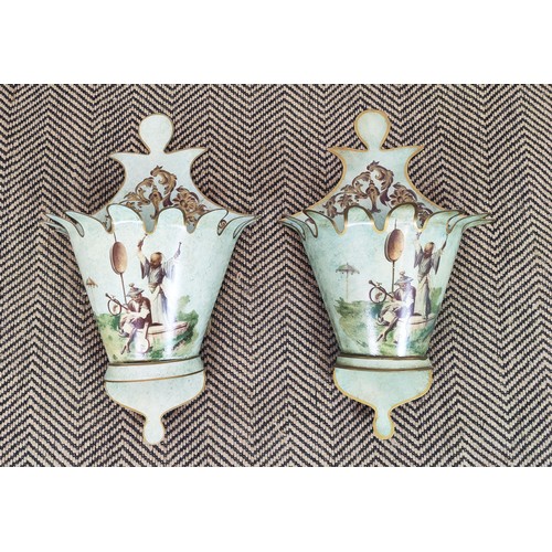 122 - CHINOISERIE STYLE WALL LIGHTS, a pair, toleware with printed figural scenes and gilt highlights, 55c... 