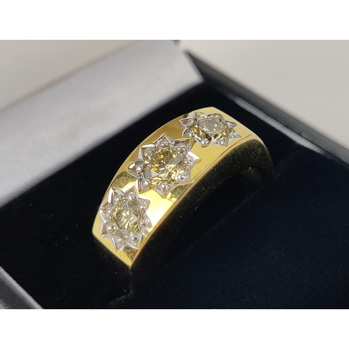 10 - A THREE STONE DIAMOND GENTS TRILOGY RING, 9ct yellow gold shank set with three round brilliant cut d... 