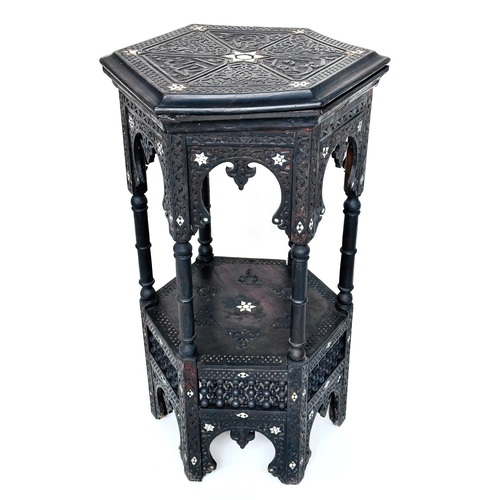 103 - MOORISH STAND, 19th century hexagonal hardwood, and bone inlaid with arcaded supports and undertier,... 