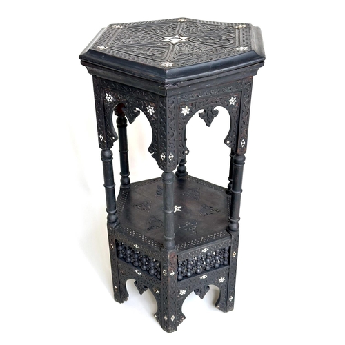 103 - MOORISH STAND, 19th century hexagonal hardwood, and bone inlaid with arcaded supports and undertier,... 