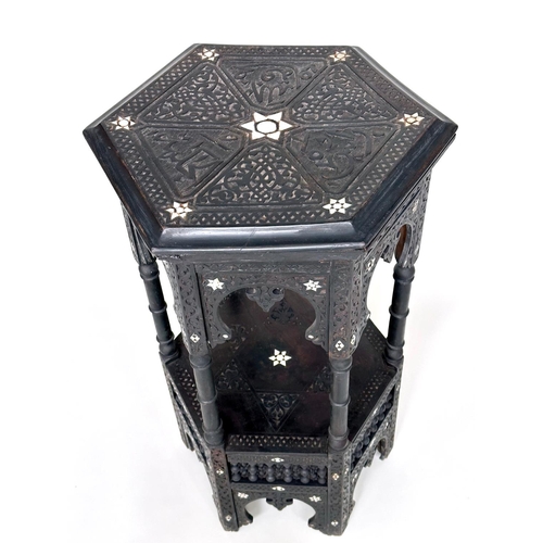 103 - MOORISH STAND, 19th century hexagonal hardwood, and bone inlaid with arcaded supports and undertier,... 