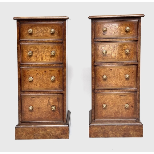 106 - BEDSIDE CHESTS, a pair, Georgian design burr walnut and crossbanded each with four drawers, 33cm x 3... 