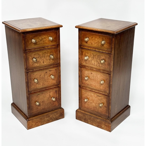 106 - BEDSIDE CHESTS, a pair, Georgian design burr walnut and crossbanded each with four drawers, 33cm x 3... 