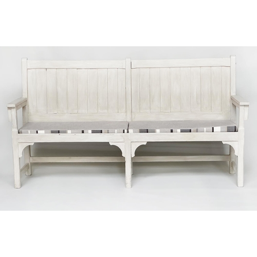 111 - HALL BENCH, Swedish style grey painted with seat cushions, 188cm W.