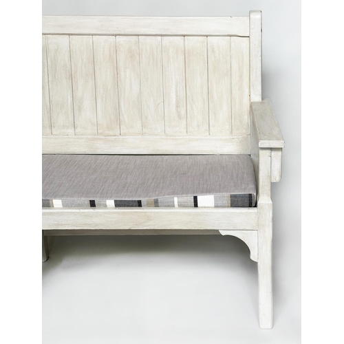 111 - HALL BENCH, Swedish style grey painted with seat cushions, 188cm W.