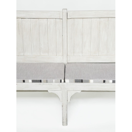 111 - HALL BENCH, Swedish style grey painted with seat cushions, 188cm W.