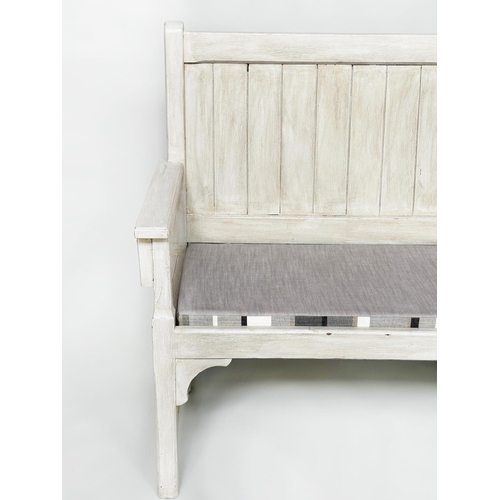 111 - HALL BENCH, Swedish style grey painted with seat cushions, 188cm W.