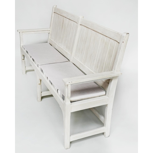 111 - HALL BENCH, Swedish style grey painted with seat cushions, 188cm W.