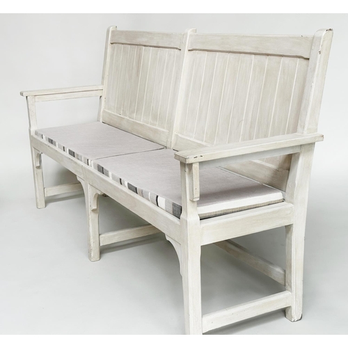 111 - HALL BENCH, Swedish style grey painted with seat cushions, 188cm W.