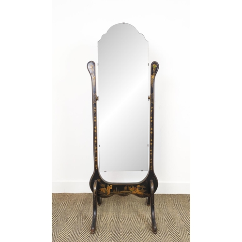 125 - CHEVAL MIRROR, early 20th century black and gilt chinoiserie decorated with bevelled plate, 153cm H ... 