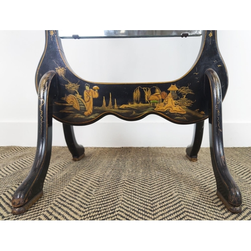 125 - CHEVAL MIRROR, early 20th century black and gilt chinoiserie decorated with bevelled plate, 153cm H ... 