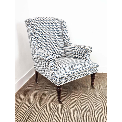 126 - ARMCHAIR, 19th century style in patterned chenille on brass castors, 96cm H x 73cm W x 79cm D.