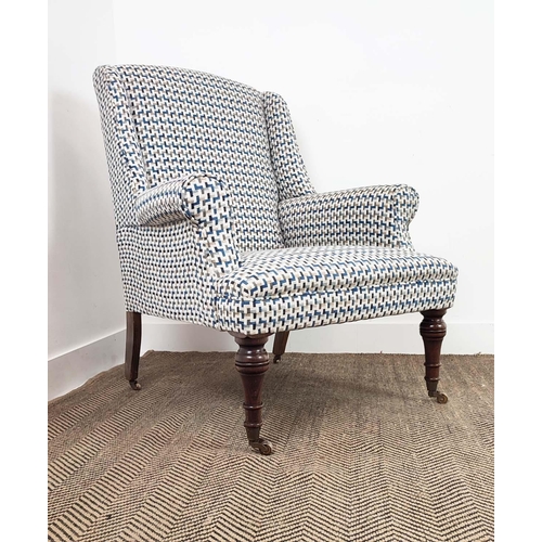 126 - ARMCHAIR, 19th century style in patterned chenille on brass castors, 96cm H x 73cm W x 79cm D.