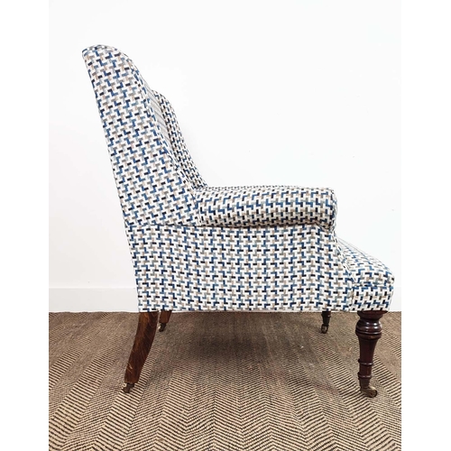 126 - ARMCHAIR, 19th century style in patterned chenille on brass castors, 96cm H x 73cm W x 79cm D.