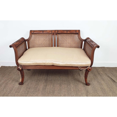 127 - BERGERE SOFA, Regency style beechwood, ebonised and caned with squab cushion, 86cm H x 136cm W x 68c... 