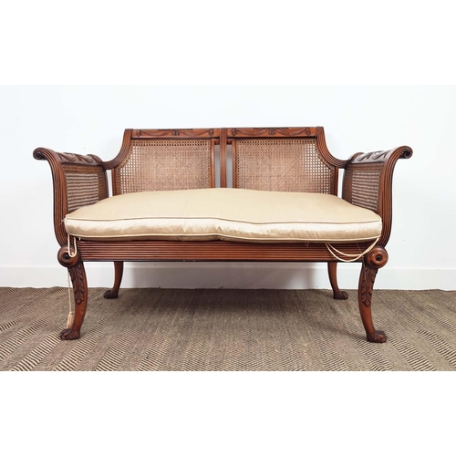 127 - BERGERE SOFA, Regency style beechwood, ebonised and caned with squab cushion, 86cm H x 136cm W x 68c... 