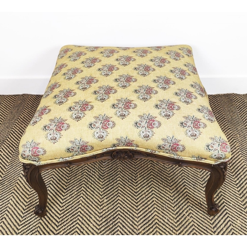 129 - STOOL, 19th century French walnut with concave sides and floral upholstery, 37cm H x 67cm W x 70cm D... 