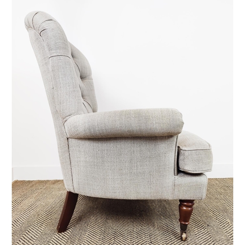 130 - ARMCHAIR, Victorian style in grey fabric with brass front castors, 101cm H x 86cm W x 90cm D.