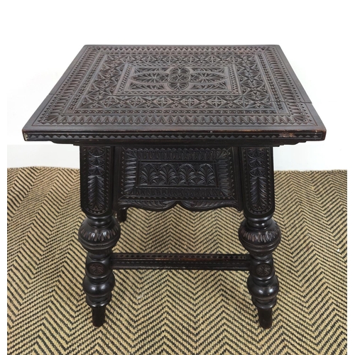 131 - STOOL, late 19th century ebonised with all over low relief carving, 55cm H x 46cm W x 37cm D.