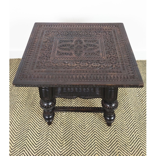 131 - STOOL, late 19th century ebonised with all over low relief carving, 55cm H x 46cm W x 37cm D.