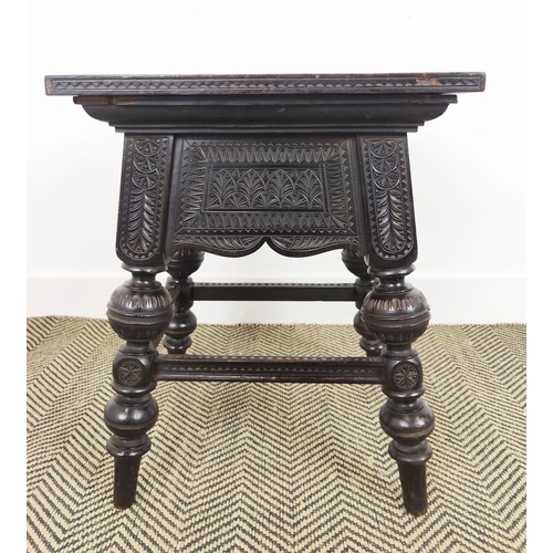 131 - STOOL, late 19th century ebonised with all over low relief carving, 55cm H x 46cm W x 37cm D.