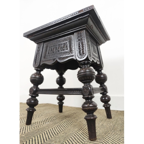 131 - STOOL, late 19th century ebonised with all over low relief carving, 55cm H x 46cm W x 37cm D.