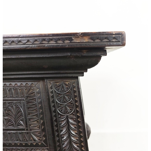 131 - STOOL, late 19th century ebonised with all over low relief carving, 55cm H x 46cm W x 37cm D.