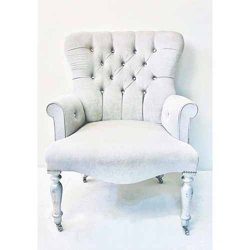 332 - ARMCHAIR, Victorian style buttoned back light grey velvet upholstery on silvered supports, 95cm H x ... 