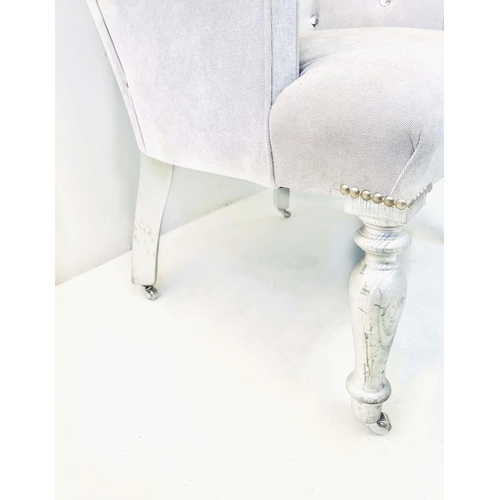 332 - ARMCHAIR, Victorian style buttoned back light grey velvet upholstery on silvered supports, 95cm H x ... 