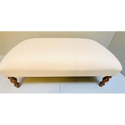 334 - FOOTSTOOL, neutral linen upholstery on turned wooden supports, 32cm H x 101cm W x 58cm D.