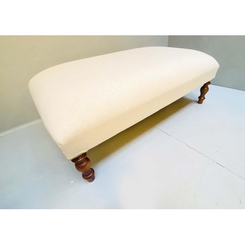 334 - FOOTSTOOL, neutral linen upholstery on turned wooden supports, 32cm H x 101cm W x 58cm D.