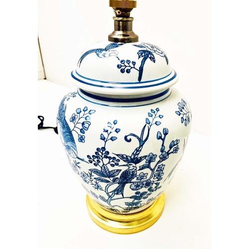 335 - TABLE LAMPS, a pair, Chinese style blue and white ceramic on gilt bases, 34cm H x 20c m W x 20cm D. ... 