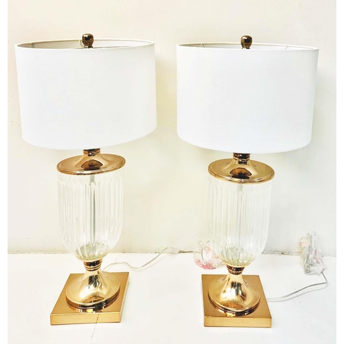 336 - TABLE LAMPS, a pair, glass urn form on gilt metal bases, 78cm H x 30cm W x 30cm D. (2)