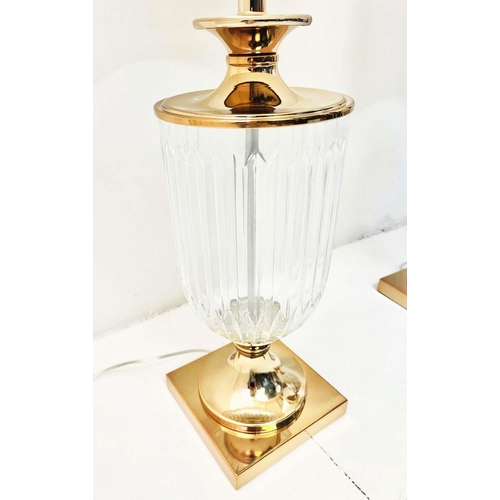 336 - TABLE LAMPS, a pair, glass urn form on gilt metal bases, 78cm H x 30cm W x 30cm D. (2)