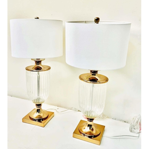 336 - TABLE LAMPS, a pair, glass urn form on gilt metal bases, 78cm H x 30cm W x 30cm D. (2)