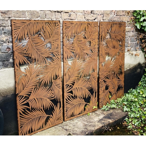 341 - ARCHITECTURAL GARDEN PANELS, a set of three in metal with palm leaf decoration, each panel 120cm H x... 