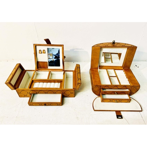 344 - JEWELLERY BOXES, a set of two, tan leathered, largest, 25cm H x 17cm W x 17cm D. (2)