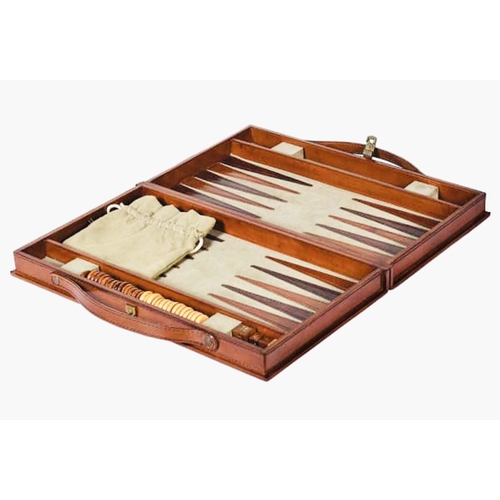 345 - TRAVELLING BACKGAMMON SET, tan leathered case, 40cm W x 23cm D x 7cm H.