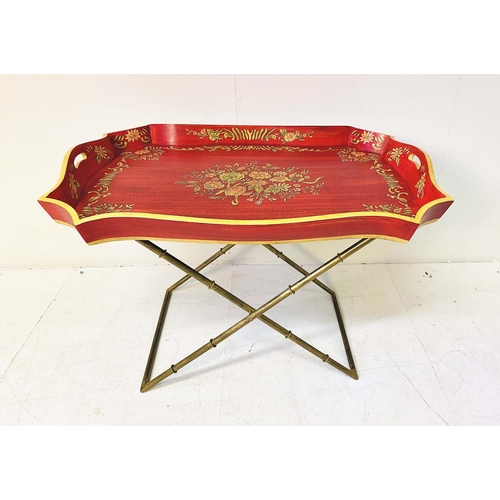 347 - BUTLERS TRAY ON STAND, Regency style red and gilt painted on gilt metal faux bamboo base, 60cm H x 8... 