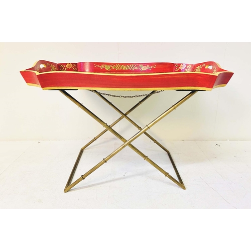 347 - BUTLERS TRAY ON STAND, Regency style red and gilt painted on gilt metal faux bamboo base, 60cm H x 8... 