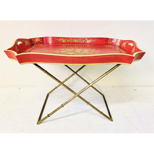 347 - BUTLERS TRAY ON STAND, Regency style red and gilt painted on gilt metal faux bamboo base, 60cm H x 8... 