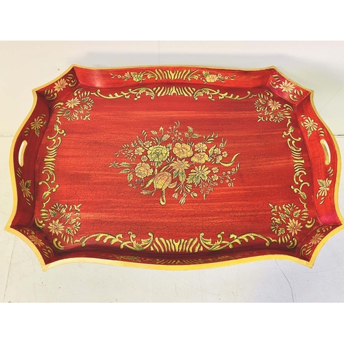 347 - BUTLERS TRAY ON STAND, Regency style red and gilt painted on gilt metal faux bamboo base, 60cm H x 8... 