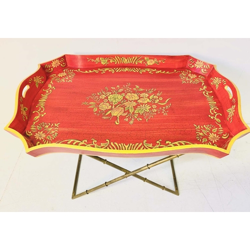 347 - BUTLERS TRAY ON STAND, Regency style red and gilt painted on gilt metal faux bamboo base, 60cm H x 8... 