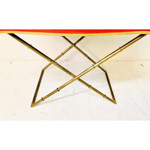 347 - BUTLERS TRAY ON STAND, Regency style red and gilt painted on gilt metal faux bamboo base, 60cm H x 8... 