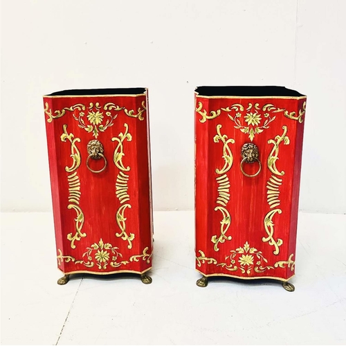 348 - UMBRELLA STANDS, a pair, Regency style red and gold toleware style, 46cm H x 24cm W x 24cm D. (2)