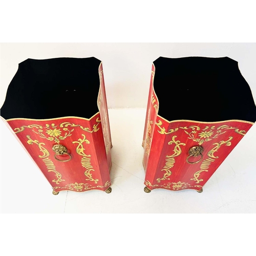 348 - UMBRELLA STANDS, a pair, Regency style red and gold toleware style, 46cm H x 24cm W x 24cm D. (2)