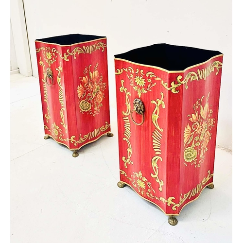 348 - UMBRELLA STANDS, a pair, Regency style red and gold toleware style, 46cm H x 24cm W x 24cm D. (2)